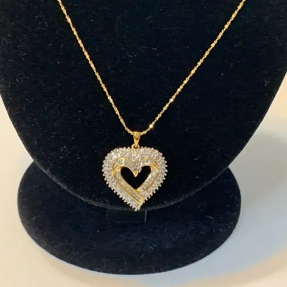 JWBR Diamond Open Heart Necklace Pave Cluster Gold Over .925 Silver Anniversary - Picture 6 of 12